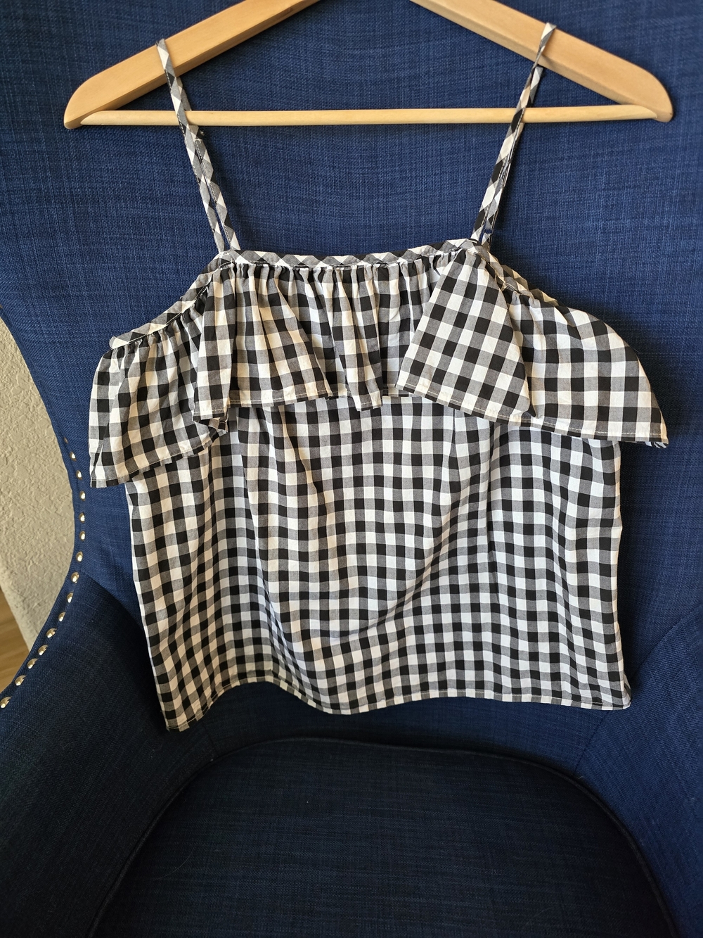 Black and White Gingham Ruffle Spaghetti Strap Top 100% Cotton